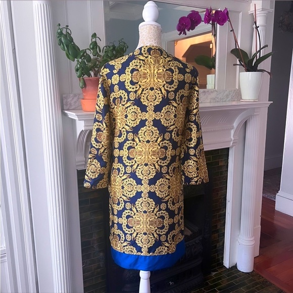 VINTAGE TIBI 100% Silk Blue & Gold Medallion Print Button Up Shift Dress Size 4 - Picture 9 of 15